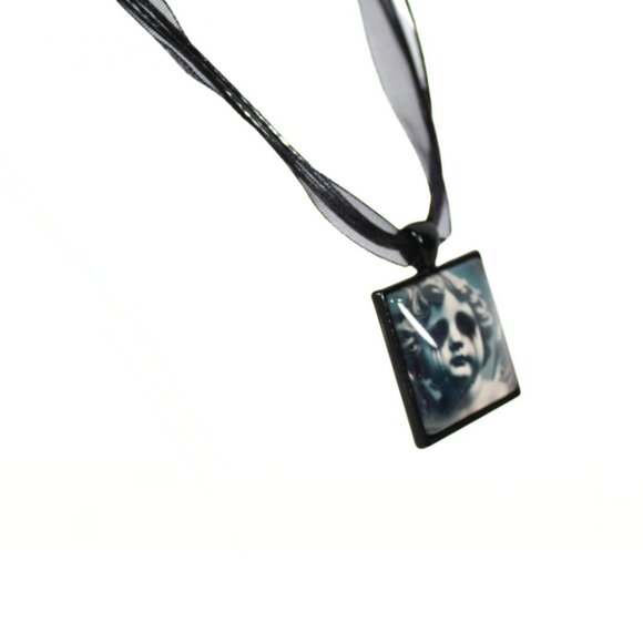 Gothic Grunge Cupid Necklace Handmade Black Metal Square Pendant Crying Cupid - Picture 2 of 3